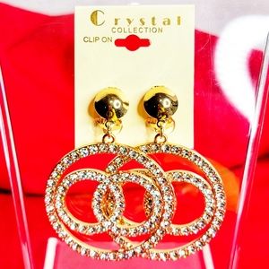 242C0486 New Crystal Collection Gold Round Rhinestone  Clip-on Hoop Ear…